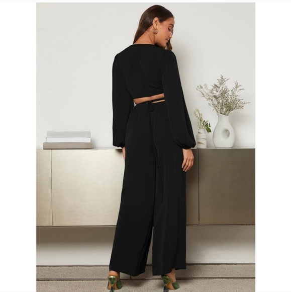 2 piece set: Lantern Sleeve Wrap Knot Back Crop Top & Wide Leg Pants black - Picture 2 of 2